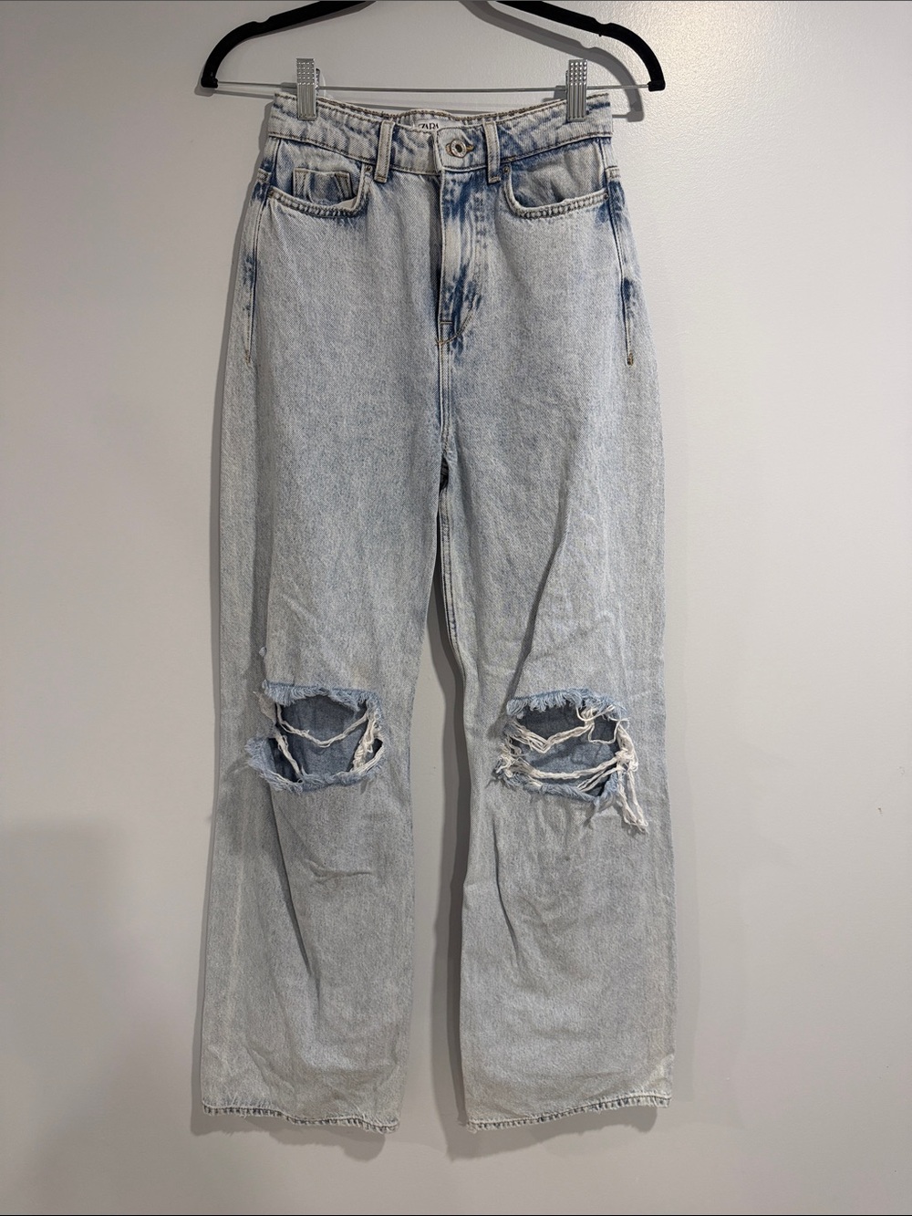 Zara High-Rise Wide Leg Long Distressed Jeans